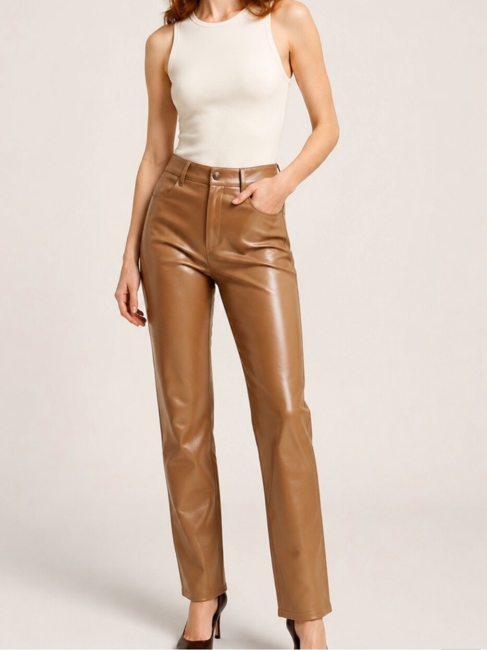 Aritzia Wilfred Camel Straight-Leg Leather-Look Jeans